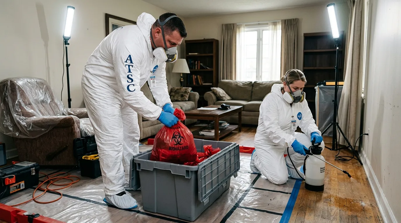 Professional Hoarding Cleanup technician in full PPE working in Affton